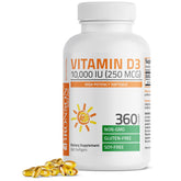 Bronson Vitamin D3 10 000 IU softgel bottle close-up highlighting potency and potential immune support