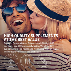Bronson Vitamin D3 5000IU bottle design emphasizing non-GMO, gluten-free, soy-free.