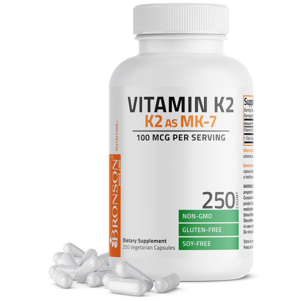 Bronson Vitamin K2 MK-7 100 mcg bottle promotes calcium transport to bones