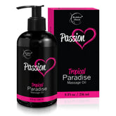Brookethorne Naturals Passion Massage Oil bottle pour demonstrates a smooth, non-greasy glide for couples.