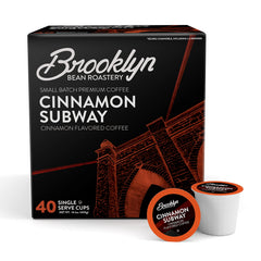 Brooklyn Beans Cinnamon Subway Gourmet Coffee Pods ready for Keurig brews with bold, aromatic flavor.