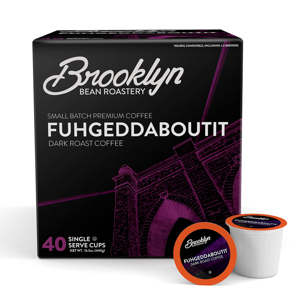 Brooklyn Beans Fuhgeddaboutit pods in a box front, bold flavor for mornings