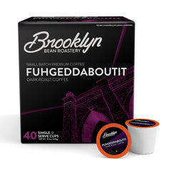 Brooklyn Beans Fuhgeddaboutit pods in a box front, bold flavor for mornings