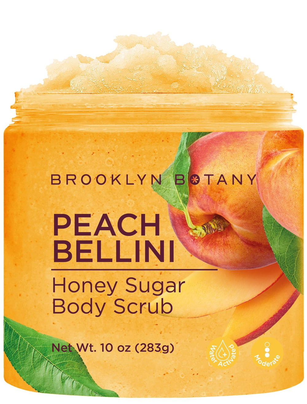 Brooklyn Botany Peach Bellini Sugar Scrub bottle with honey glow moisturizes and nourishes skin.