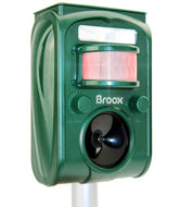 Broox 2026 solar animal repellent front view deters pests with ultrasonic signals.