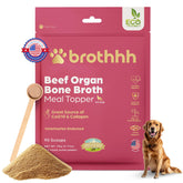 Brothhh beef organ topper sprinkled on dog meals for flavor and nutrition
