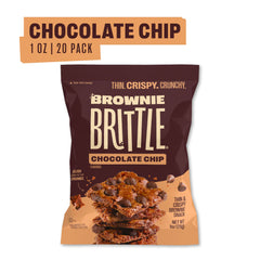 Brownie Brittle Original Chocolate Chip close-up highlights wafer-thin crisp and chips.