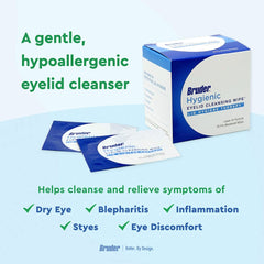 Bruder eyelid cleansing wipes hypoallergenic formula suitable for sensitive eyelids.