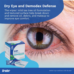 Bruder Tea Tree Oil eyelid wipes being used on eyelids for daily cleansing.