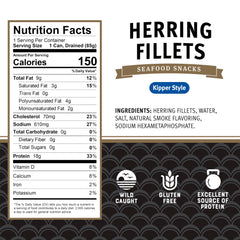 Brunswick boneless kipper style herring fillets protein serving for quick healthy meals.