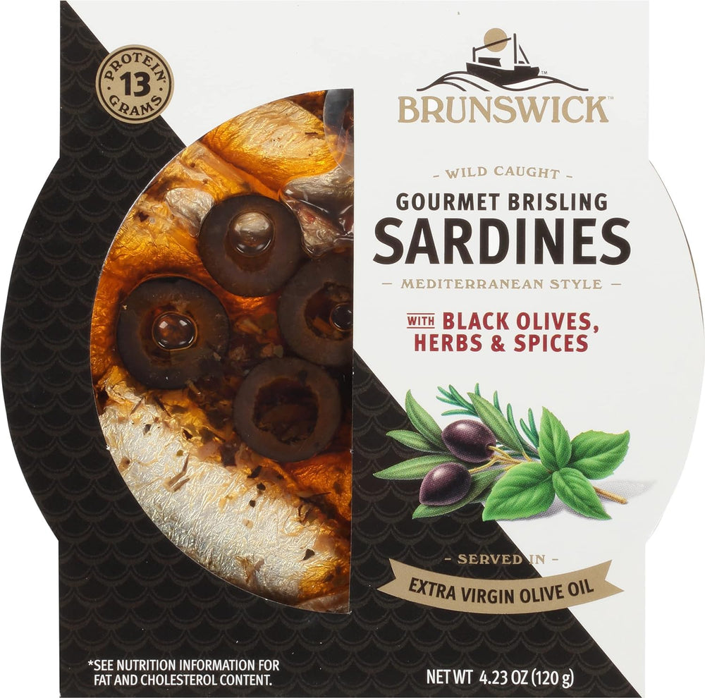 Brunswick Brisling sardines in olive oil with black olives for a savory Mediterranean snack