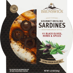 Brunswick Brisling sardines in olive oil with black olives for a savory Mediterranean snack