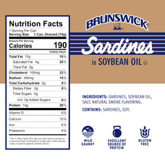 Brunswick sardines in soybean oil on cracker, versatile snack idea.
