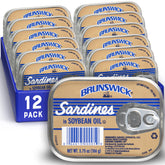 Brunswick wild-caught sardines in soybean oil can, protein-rich pantry staple.