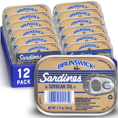 Brunswick wild-caught sardines in soybean oil can, protein-rich pantry staple.