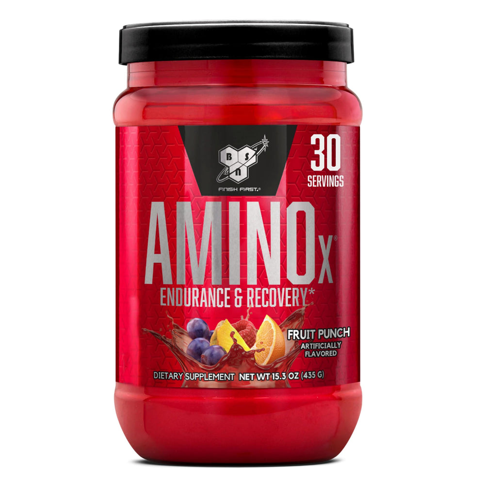 BSN Amino X fruit punch bottle showcasing 10 g amino acids per serving