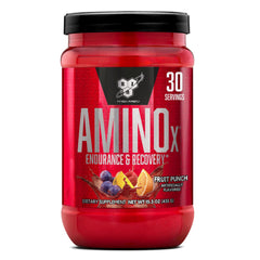 BSN Amino X fruit punch bottle showcasing 10 g amino acids per serving