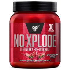 BSN N.O.-XPLODE watermelon tub closeup showing energy-boosting pre-workout formula