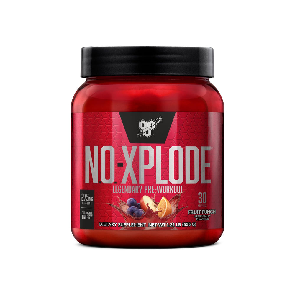 BSN N.O.-XPLODE fruit punch tub front for pre-workout energy and focus.