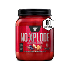 BSN N.O.-XPLODE fruit punch bottle front for a quick pre-workout energy boost