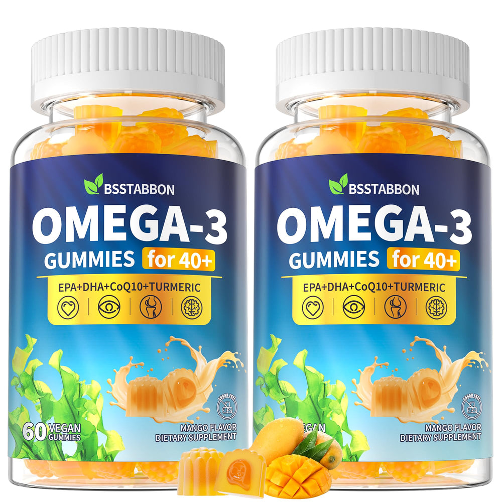 BSSTABBON Omega-3 gummies packaging highlighting vegan algae-based DHA and EPA benefits