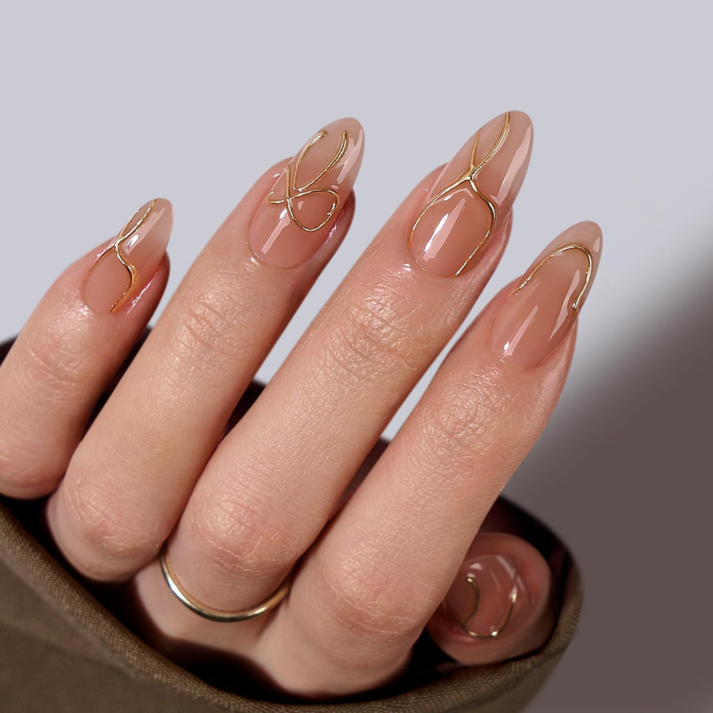 BTArtbox almond nails with 3D gold lines for salon-like home wear