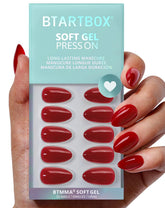 BTArtbox almond pastel red press-on nails close-up showing natural fit.