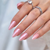 BTArtbox almond press-on nails in pink chrome with a soft gel finish.
