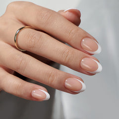 BTArtbox press on nails short almond nude with French tip for salon-like finish.