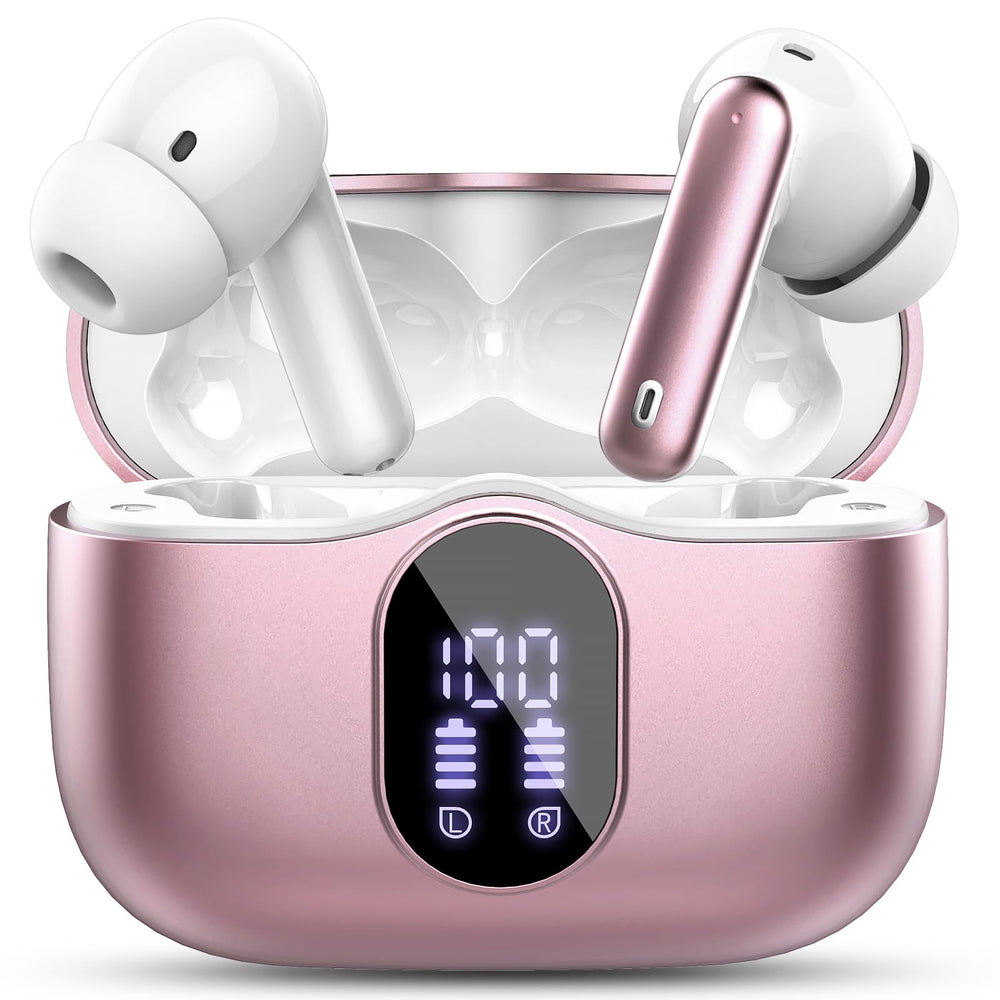 Btootos rose gold earbuds with LED display for battery status and quick controls.