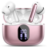 Btootos rose gold earbuds with LED display for battery status and quick controls.