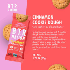 B.T.R. Nation Cinnamon Cookie Dough ingredients layout featuring maca and vegan superfoods
