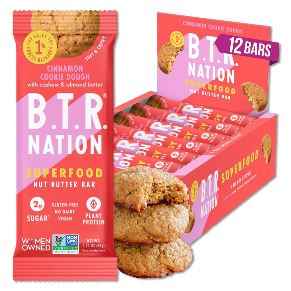 B.T.R. Nation Cinnamon Cookie Dough bar packaging close-up for a quick healthy snack