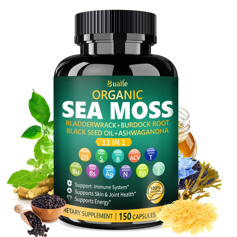 Bualle Irish Sea Moss capsules bottle for daily wellness routine.