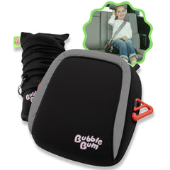 BubbleBum inflatable booster seat folded compactly in a backpack for travel.
