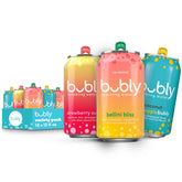 Bubly Bellini Bliss cans in a bright display showing zero sugar and zero calories.