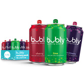 Bubly variety pack of 18 cans on table featuring lime, cherry, and blackberry flavors for quick selection