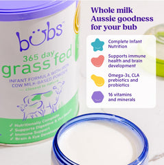 Bubs formula closeup highlighting non-GMO purity for infant nourishment