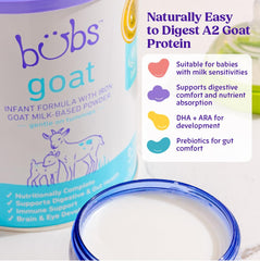 Bubs formula label closeup, noting clean label and non-GMO ingredients.