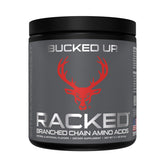 Bucked Up BCAA RACKED bottle label shows clean ingredients and plant-based sourcing for lean support.