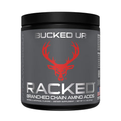 Bucked Up BCAA RACKED bottle label shows clean ingredients and plant-based sourcing for lean support.