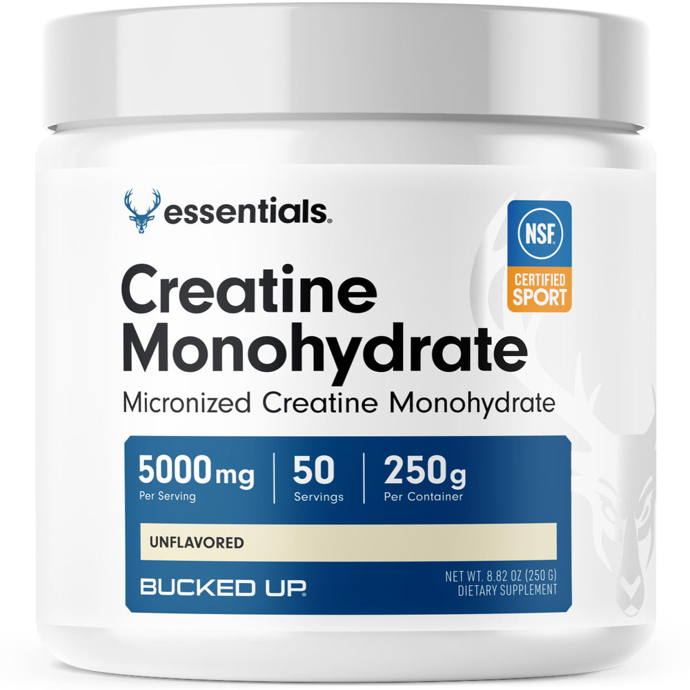 Bucked Up creatine powder bottle, unflavored, easy mixing for workouts.