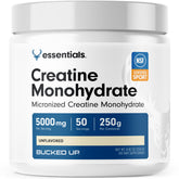 Bucked Up creatine powder bottle, unflavored, easy mixing for workouts.