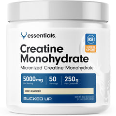 Bucked Up creatine powder bottle, unflavored, easy mixing for workouts.