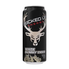 Bucked Up energy drink can label close-up showcasing caffeine content and branding