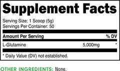 Bucked Up L-Glutamine serving scoop beside container for 50 servings.