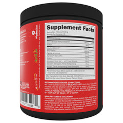Scoop from Bucked Up Red Raz pre-workout shown pouring for quick mix and focus potential