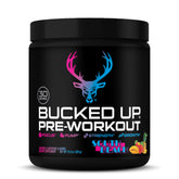 Bucked Up pre-workout tub front with clean label for informed workouts