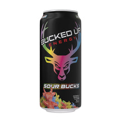 Bucked Up Sour Bucks label closeup showcases bold branding and sugar-free formula.