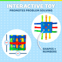 Buckle Toys Boomer Square colorful buckles encourage problem solving and dexterity.
